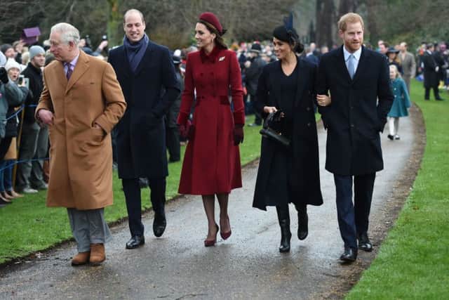 The Prince of Wales, the Duke of Cambridge, the Duchess of Cambridge, the Duchess of Sussex and the Duke of Sussex arriving to attend the Christmas Day morning church service in Sandringham. Picture: PA Wire