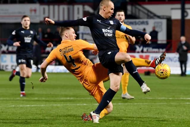 Dundee forward Kenny Miller attempts to shake off Alan Lithgow. Picture: SNS Group
