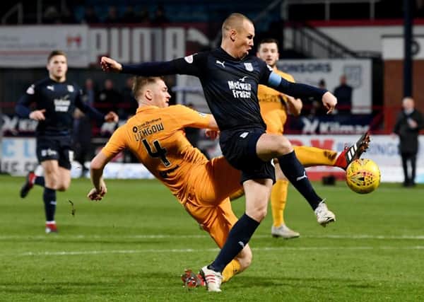 Dundee forward Kenny Miller attempts to shake off Alan Lithgow. Picture: SNS Group