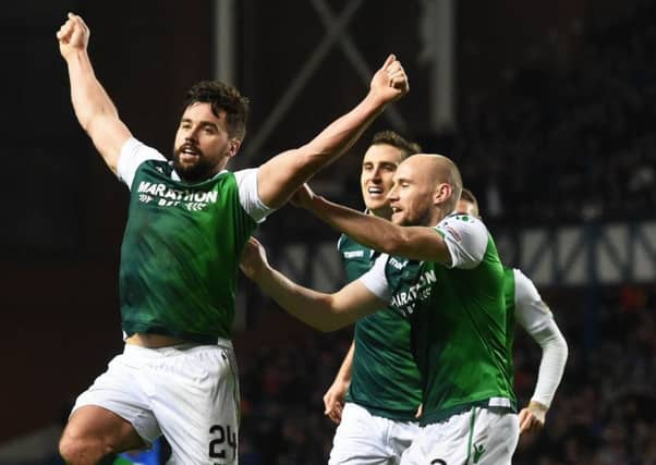 Hibs'
Darren McGregor celebrates after scoring to make it 1-1. Picture: Craig Foy/SNS