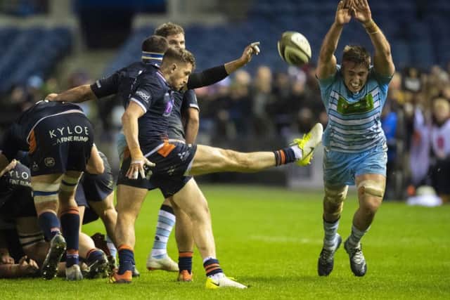 Glasgow Warriors' Matt Fagerson tries to charge down Henry Pyrgos' kick during Edinburgh's 1872 Cup victory. Picture: Gary Hutchison/SNS