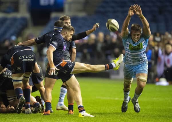 Glasgow Warriors' Matt Fagerson tries to charge down Henry Pyrgos' kick during Edinburgh's 1872 Cup victory. Picture: Gary Hutchison/SNS