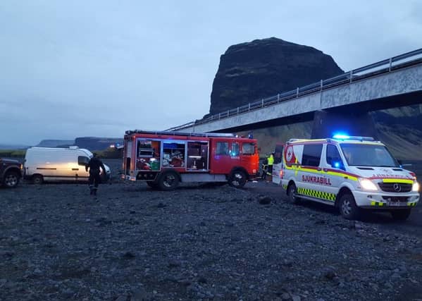 Emergency services at the scene of a crash, in Skeidararsandur, Iceland. Picture: Adolf Erlingsson via AP