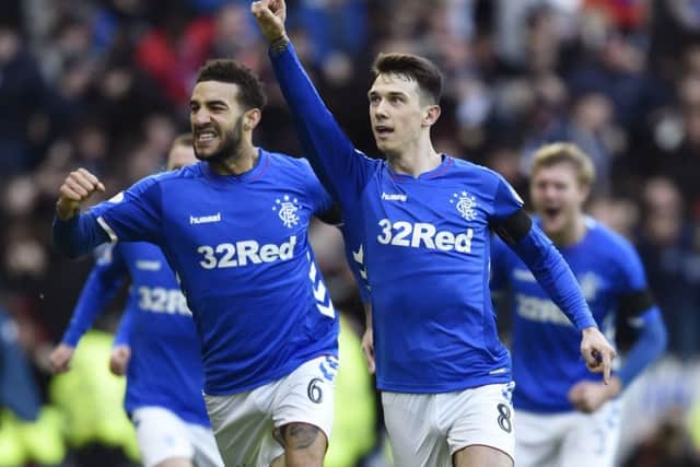 Rangers' Ryan Jack celebrates his goal with Connor Goldson. Pic: SNS/Rob Casey