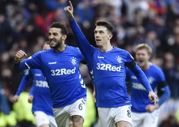 Rangers' Ryan Jack celebrates his goal with Connor Goldson. Pic: SNS/Rob Casey