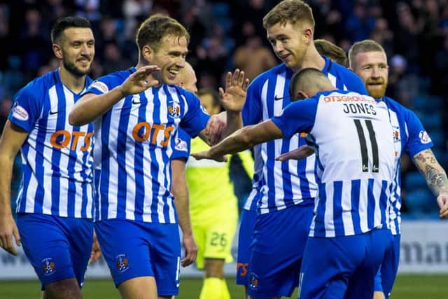 Kilmarnock players celebrate making it 2-0. Pic: SNS/Sammy Turner