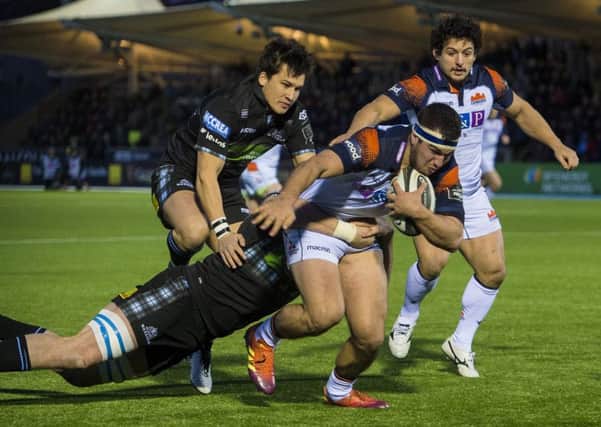 Edinburgh's Stuart McInally powers over for the opening try. Picture: Bill Murray/SNS