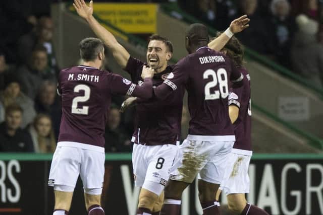 Hearts' Olly Lee celebrates his goal. Pic: SNS/Alan Harvey