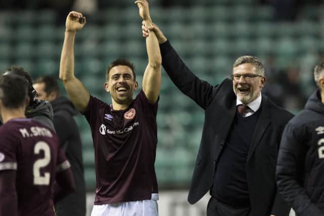 Hearts manager Craig Levein celebrates with Olly Lee at full-time. Picture: Alan Harvey/SNS