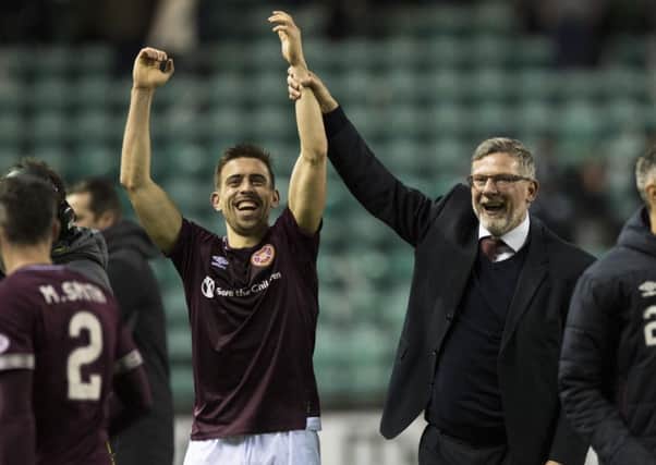 Hearts manager Craig Levein celebrates with Olly Lee at full-time. Picture: Alan Harvey/SNS