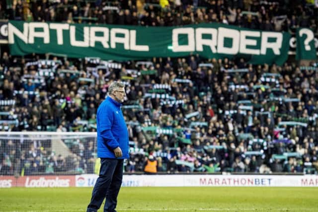 Hibs fans mock Craig Levein over his 'natural order' comment in the Edinburgh derby. Picture: SNS.