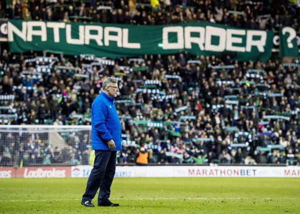Hibs fans mock Craig Levein over his 'natural order' comment in the Edinburgh derby. Picture: SNS.