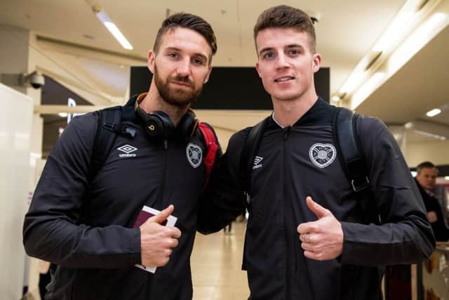 New striker David Vanecek, left, meets fellow signing Conor Shaughnessy as he makes his long-awaited arrival at Hearts. Picture: SNS.