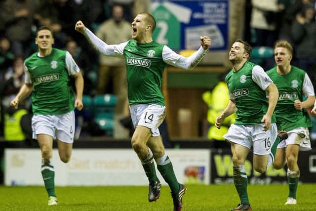 James Collins celebrates after scoring for Hibs in the Edinburgh derby in January 2014. Picture: SNS Group