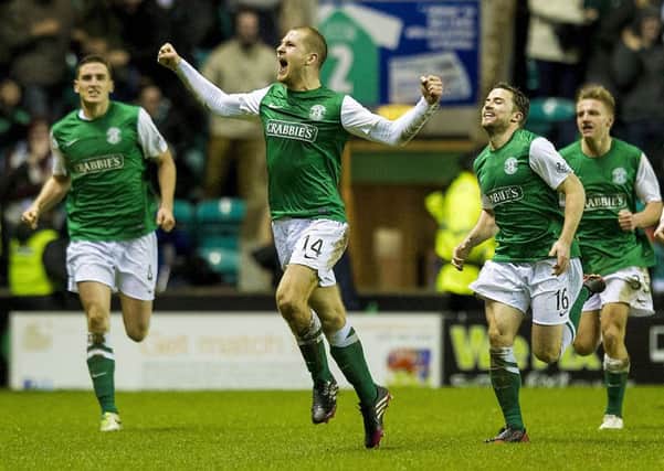 James Collins celebrates after scoring for Hibs in the Edinburgh derby in January 2014. Picture: SNS Group