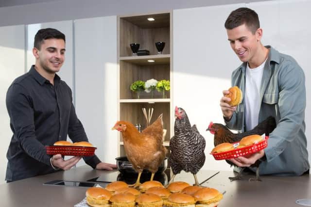 Daring Foods co-founders Eliott Kessas (left) and Ross Mackay with ambassadors the 'Kardashi-hens'. Picture: Contributed