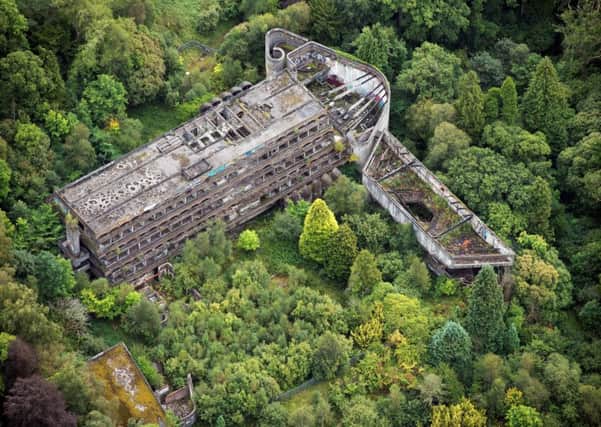 Aerial shot of the abandoned site of St Peters Seminary that has been abandoned since closing in 1989.