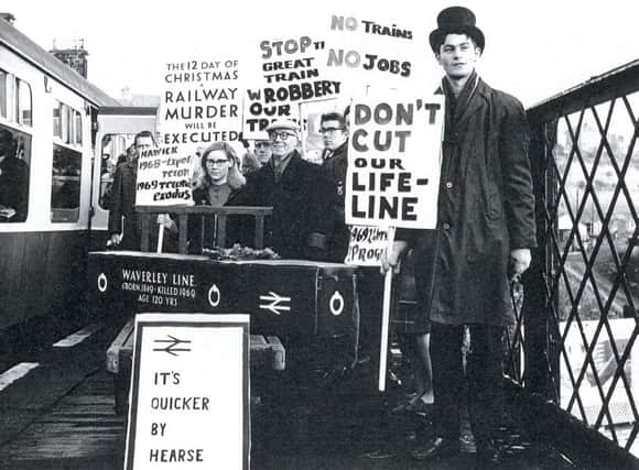 Protesters at Hawick Station with a mock coffin demonstrating against the closure of the Waverley route in 1969. Picture: Southern Reporter