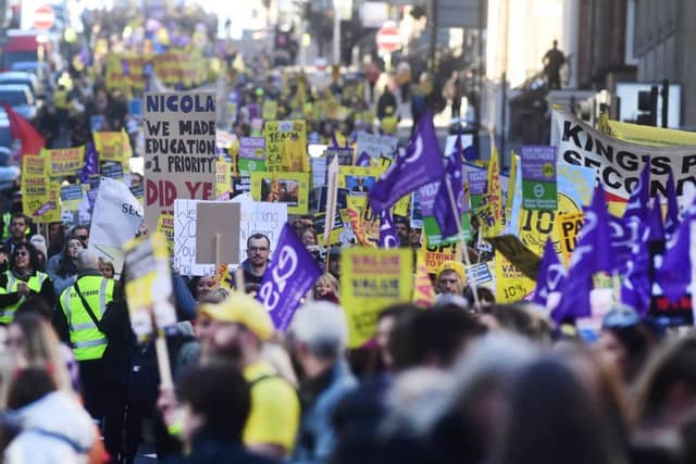 A protest in Glasgow last year - where teachers claimed wages have fallen in real terms by a fifth. Now they have ballotted for strike.