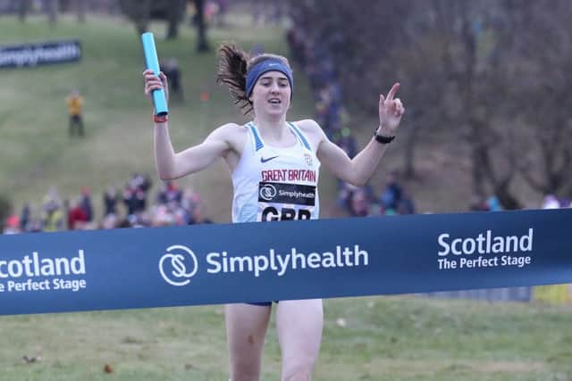 Laura Muir puts the finishing touch to Britains 1.5km relay triumph in Stirling yesterday.
Photograph: Andrew Milligan/PA
