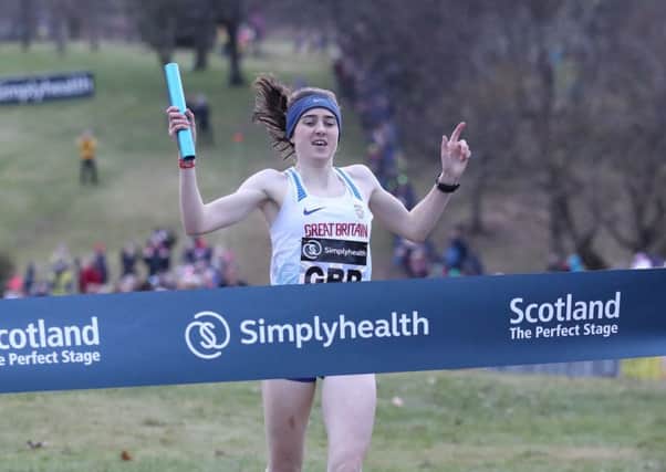 Laura Muir puts the finishing touch to Britains 1.5km relay triumph in Stirling yesterday.
Photograph: Andrew Milligan/PA