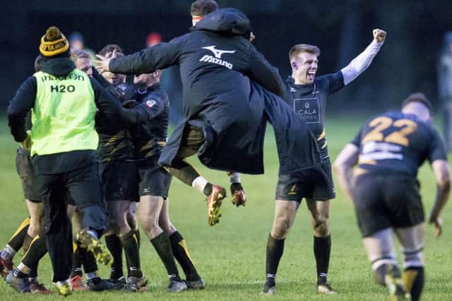 Currie players celebrate Gregor Hunters 40-metre drop goal with the last kick of the game.  Photograph: Bruce White/SNS/SRU