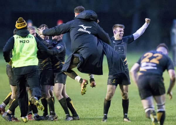 Currie players celebrate Gregor Hunters 40-metre drop goal with the last kick of the game.  Photograph: Bruce White/SNS/SRU