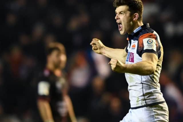 Edinburgh's full-back Blair Kinghorn celebrates the win over Toulon. Picture: Christophe Simon/AFP/Getty Images