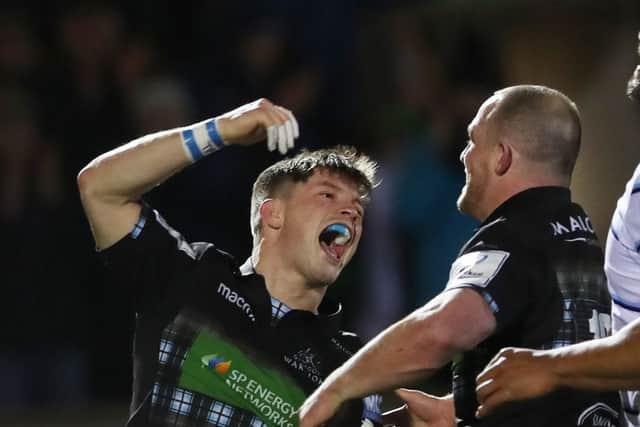 A jubilant George Horne scored Glasgows fifth and final try in yesterdays Champions Cup win over Cardiff Blues. Picture: Getty.