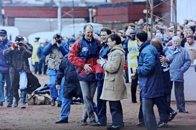 Ian Binning and Gordon Buchanan with Stenhousemuir FC manager Terry Christie oversaw Stenhousemuir beating Aberdeen 2-0 in the fourth round of The Scottish Cup 1995.
