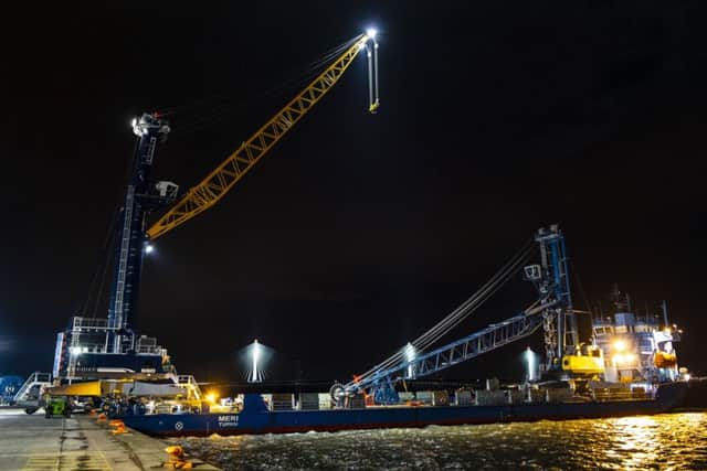 The Liebherr crane arriving on board the MV Meri. Picture: Peter Devlin