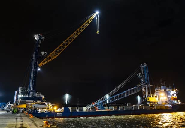 The Liebherr crane arriving on board the MV Meri. Picture: Peter Devlin