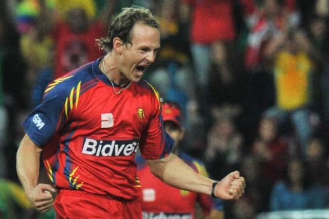 Shane Burger celebrates the dismissal of Sachin Tendulkar during a Champions League Twenty20 match between Mumbai Indians and Lions in September 2010. Picture: Getty Images