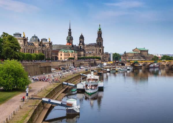 The banks of the Elbe in Dresden, where the baroque architecture in the centre was destroyed by Allied bombing, but restored in the original style