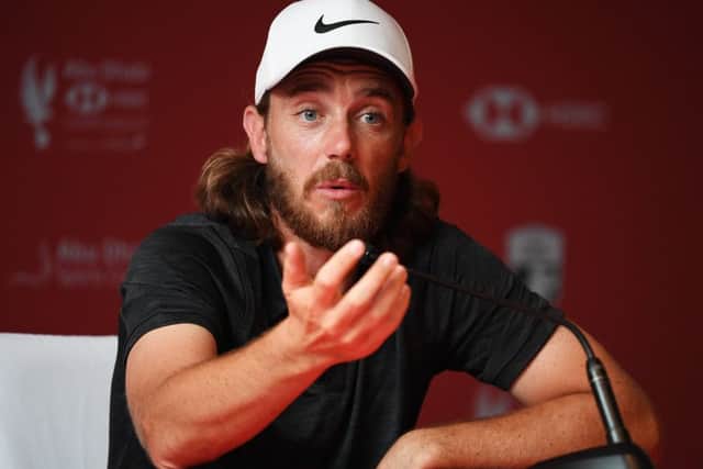 Tommy Fleetwood speaks to the media in Abu Dhabi. Picture: Ross Kinnaird/Getty Images