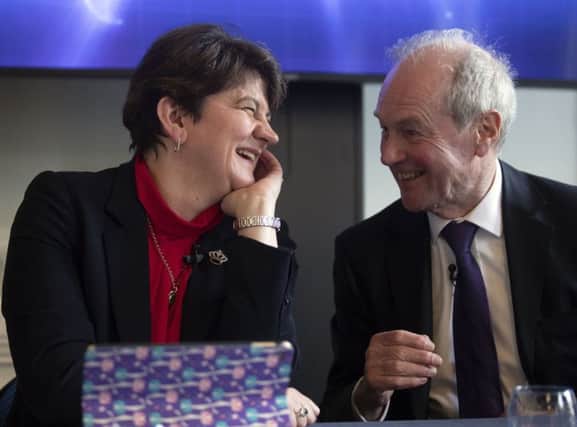DUP leader Arlene Foster and Lord Lilley at 'A Better Deal' event at the British Academy. Picture: Steve Parsons/PA Wire