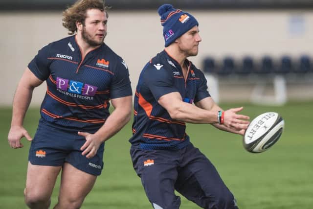 Edinburgh's Pierre Schoeman, left, and Jaco van der Walt at training. Picture: Gary Hutchison/SNS/SRU