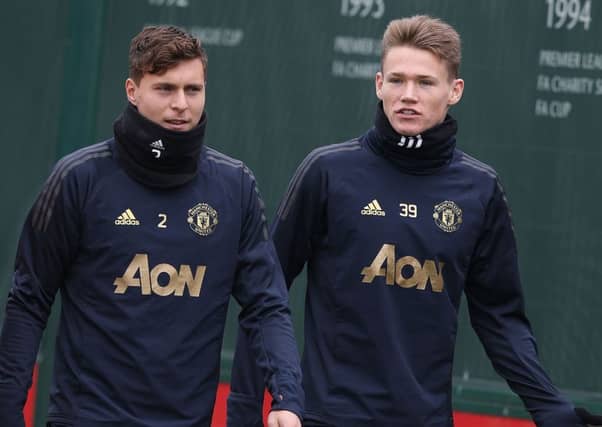 Scott McTominay, right, with Victor Lindelof at training. Picture: Getty Images