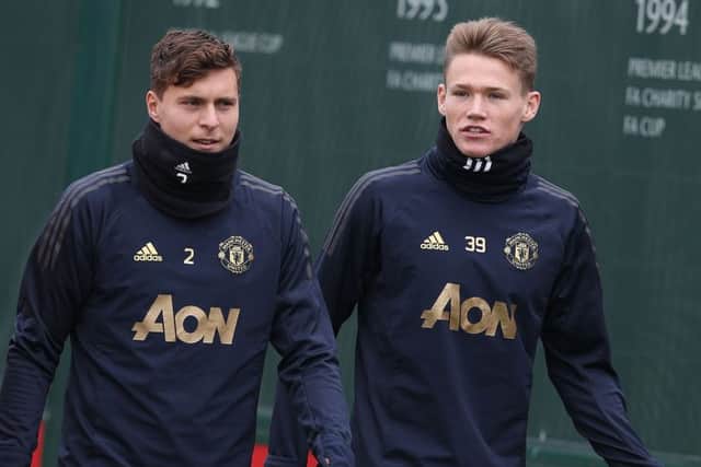 Scott McTominay, right, with Victor Lindelof at training. Picture: Getty Images