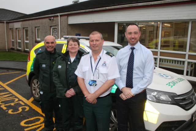 Paramedics Stuart Mars and Suzanne Nicholson, Head of Ambulance Services Kenny McFadzean and Wigtownshire GP Dr Charlie Dunnett.
