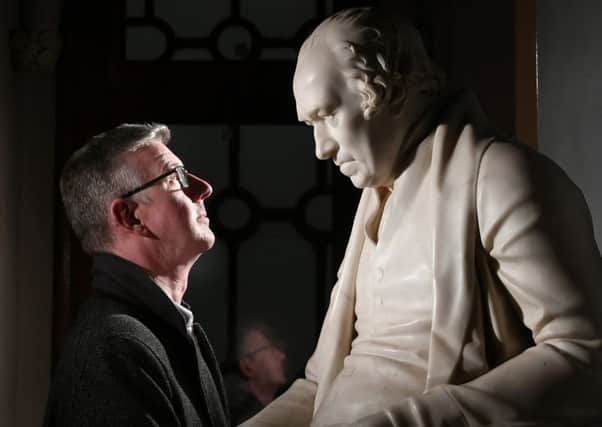 Professor Colin McInnes comes face to face with a life-size marble portrait of James Watt. Picture: John Devlin