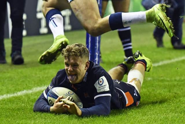 Edinburgh winger Darcy Graham crosses the Montpellier line to score the crucial try. Picture: Rob Casey/SNS