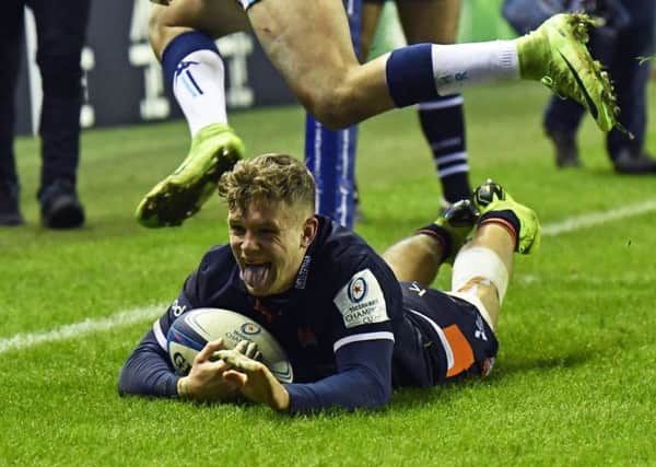 Edinburgh winger Darcy Graham crosses the Montpellier line to score the crucial try. Picture: Rob Casey/SNS