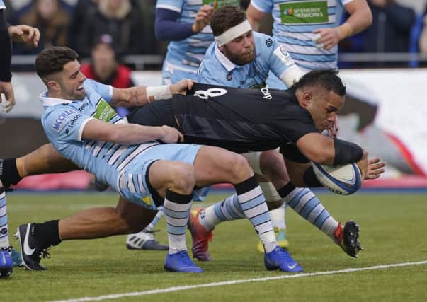 Billy Vunipola of Saracens scores his sides third try during the Champions Cup match against Glasgow Warriors . Pic: Henry Browne/Getty Images