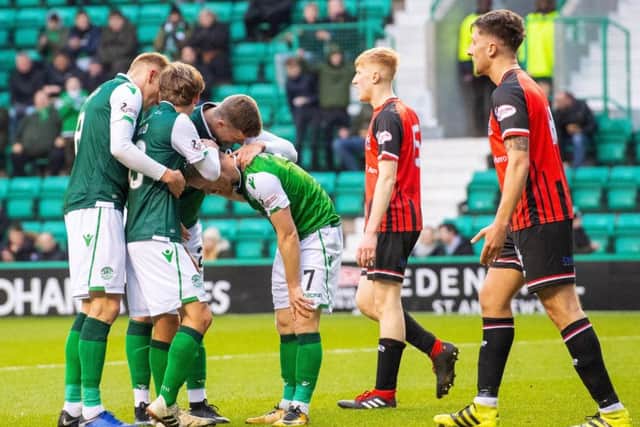 Hibs' Daryll Horgan celebrates after scoring to make it 2-0. Pic: SNS/Ian Georgeson