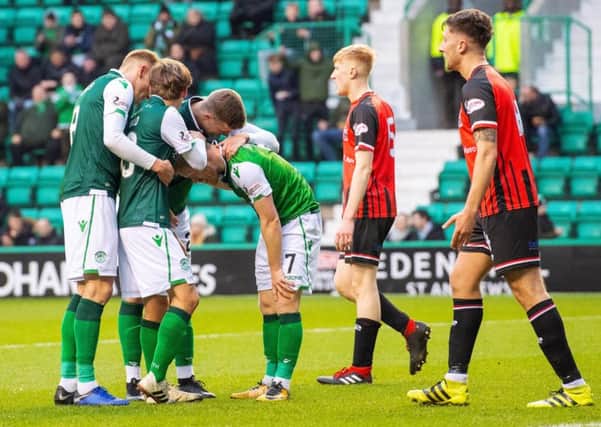 Hibs' Daryll Horgan celebrates after scoring to make it 2-0. Pic: SNS/Ian Georgeson
