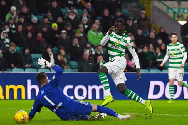 Celtic's Timothy Weah scores a debut goal to make it 3-0. Pic: SNS/Craig Williamson