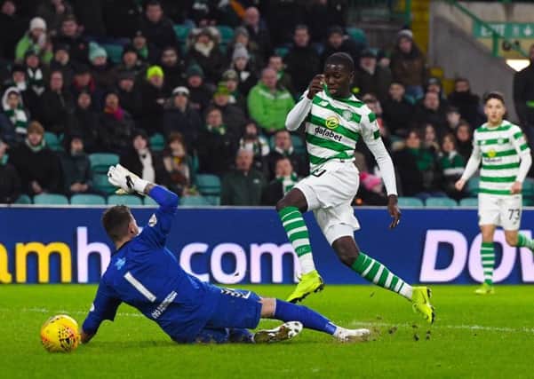 Celtic's Timothy Weah scores a debut goal to make it 3-0. Pic: SNS/Craig Williamson