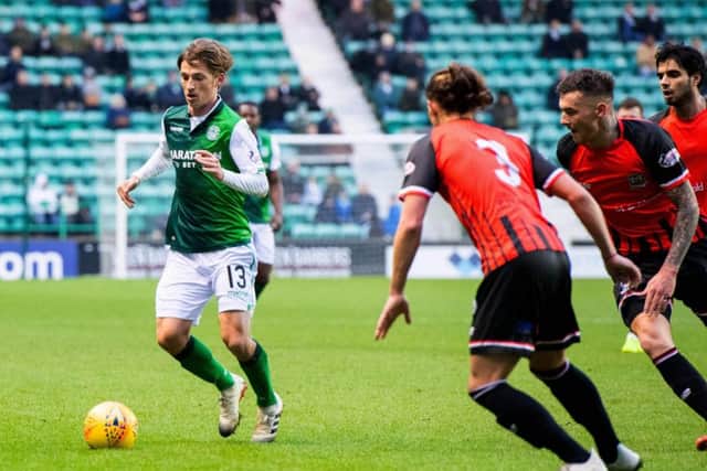 Ryan Gauld finds some space during Hibs' comfortable win over Elgin City on Saturday. Picture: SNS