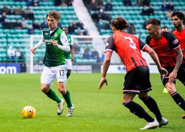 Ryan Gauld finds some space during Hibs' comfortable win over Elgin City on Saturday. Picture: SNS